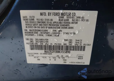 2021 Ford Ecosport S z USA, uszkodzony, nr VIN MAJ3S2FE8MC455890